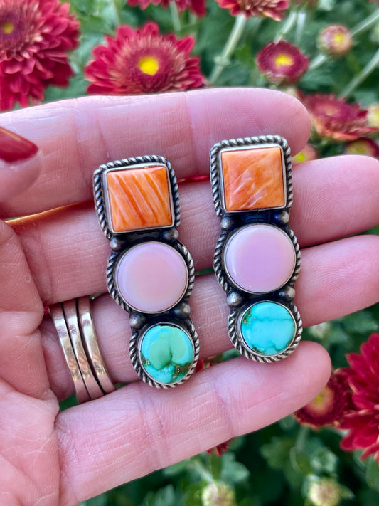 Spiny Oyster, Pink Conch & Sonoran Turquoise 3 Stone Earrings