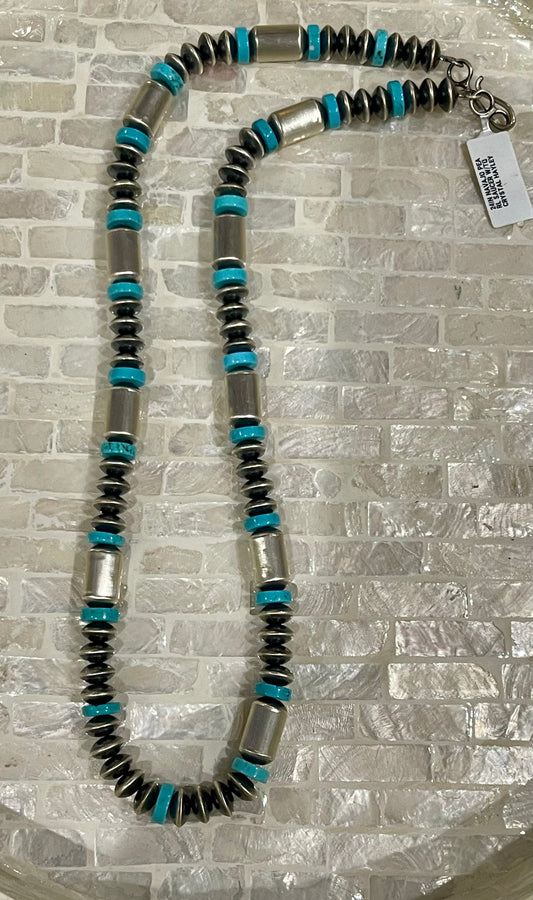 24” Handmade Saucer/Turquoise & Barrel Bead Necklace