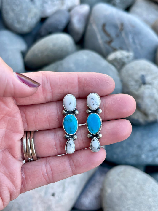 White Buffalo & Turquoise 3 Stone Earrings