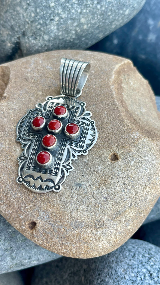 Red Coral Albert Jake Cross Pendant
