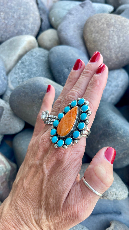 Turquoise & Spiny Oyster Cluster Ring