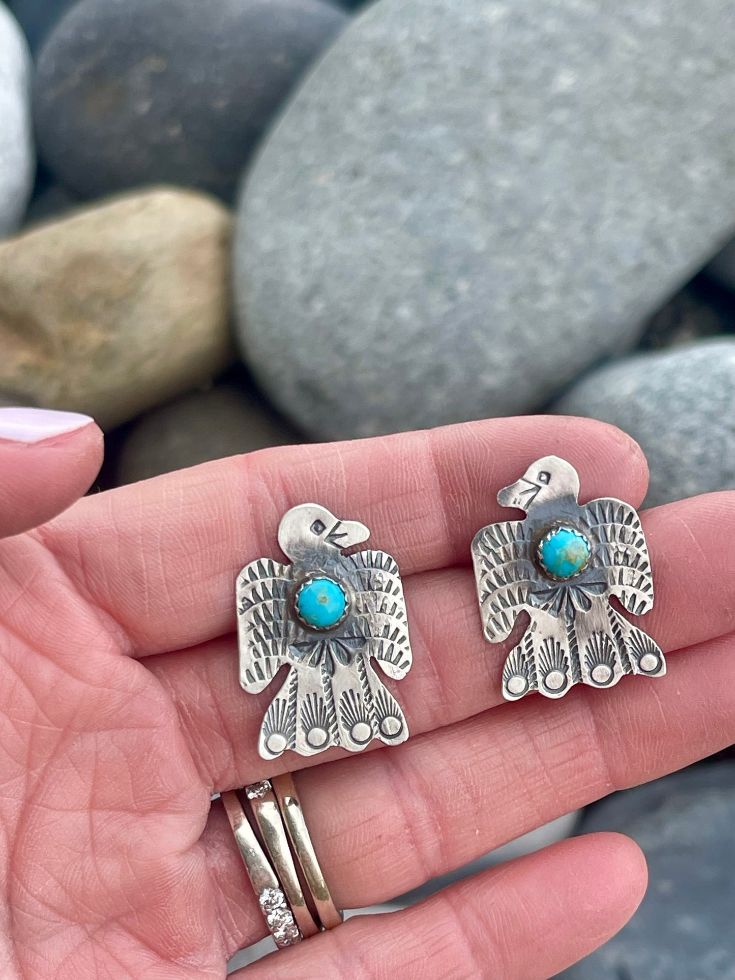 Stamped Thunderbird Studs w/ Turquoise