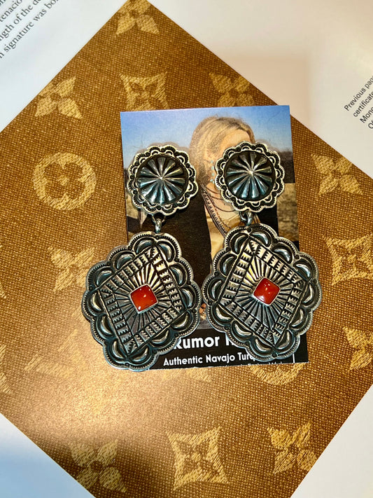 Handmade Concho Red Coral Earrings