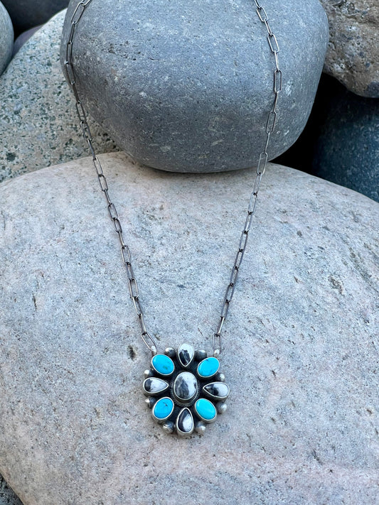 White Buffalo & Turquoise Cluster Necklace