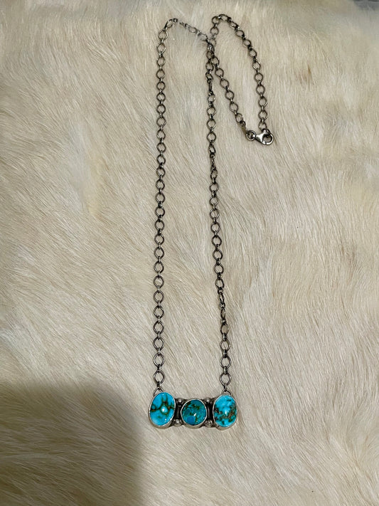 Webbed Kingman Turquoise 3 Stone Bar Necklace