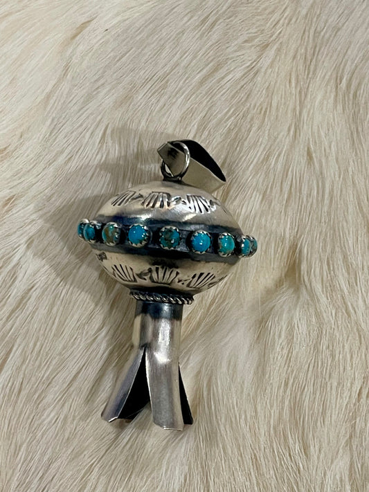 Stamped Blossom Turquoise Pendants