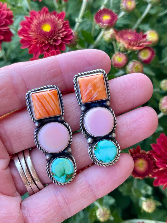 Spiny Oyster, Pink Conch & Sonoran Turquoise 3 Stone Earrings