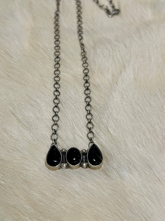 Black Onyx 3 Stone Bar Necklace