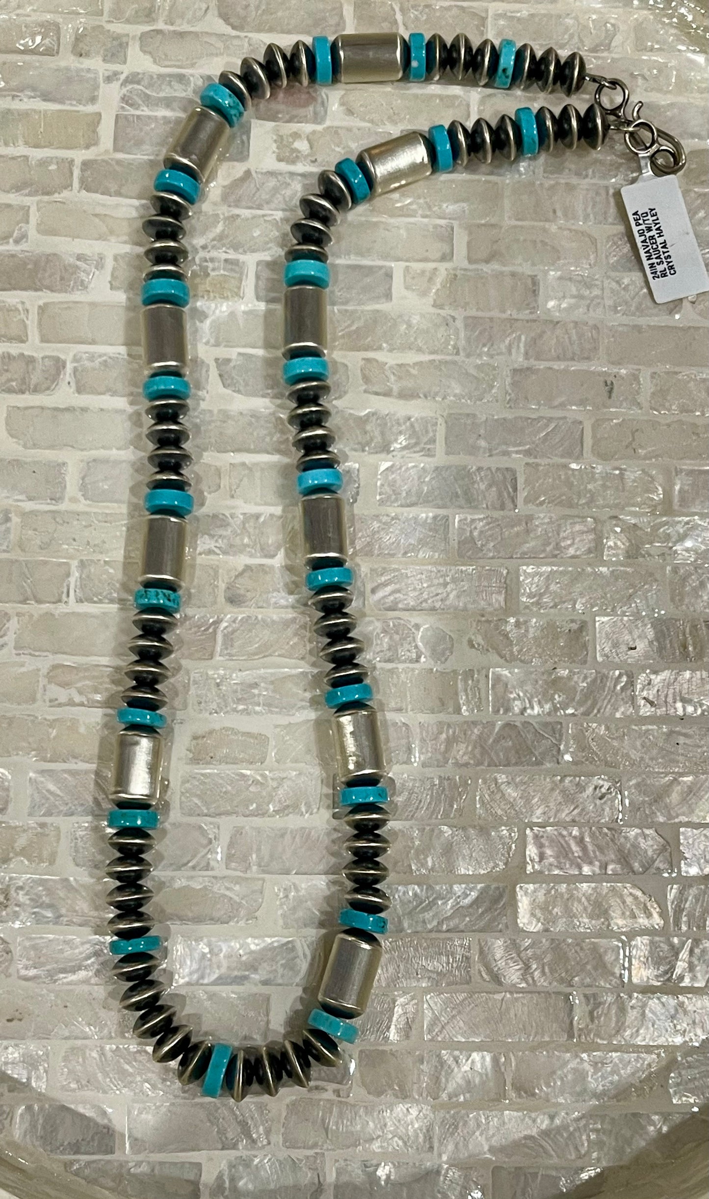 24” Handmade Saucer/Turquoise & Barrel Bead Necklace