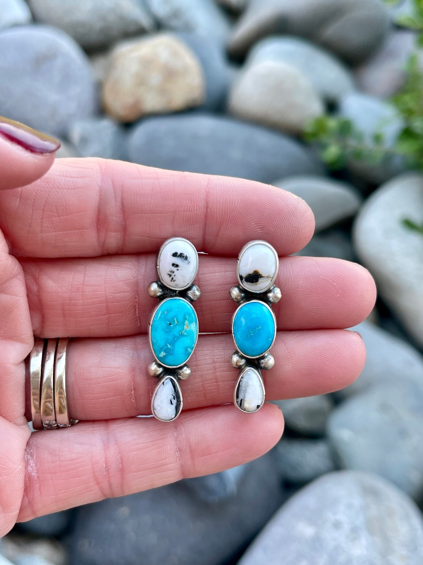 White Buffalo & Turquoise 3 Stone Studs