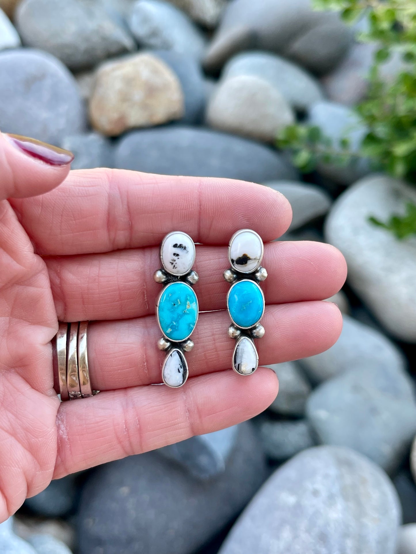 White Buffalo & Turquoise 3 Stone Studs