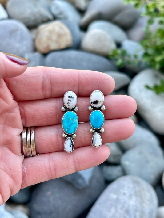 White Buffalo & Turquoise 3 Stone Studs