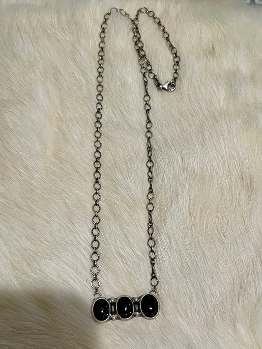 3 Stone Black Onyx Bar Necklace