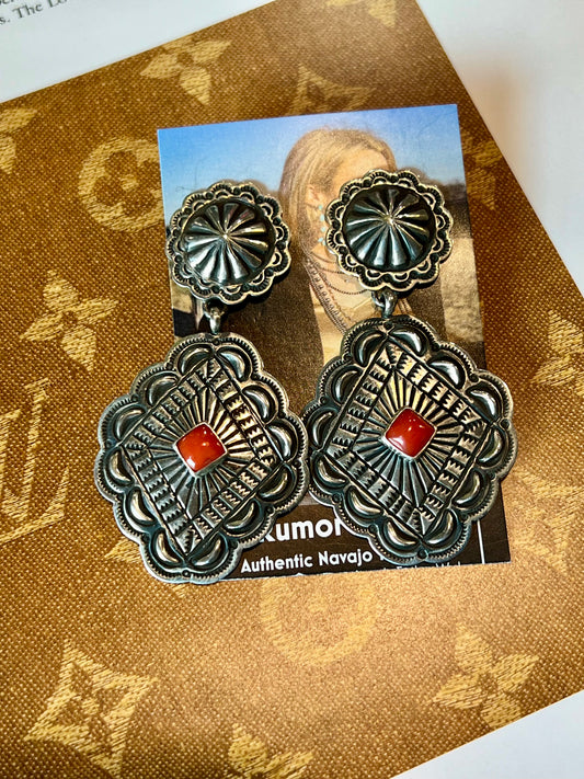 Handmade Concho Red Coral Earrings