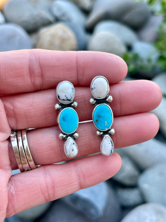 White Buffalo & Turquoise 3 Stone Studs