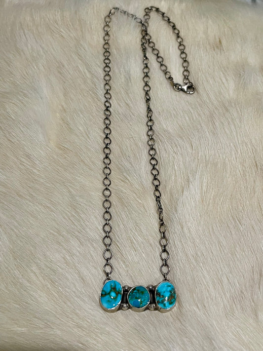 Webbed Kingman Turquoise 3 Stone Bar Necklace