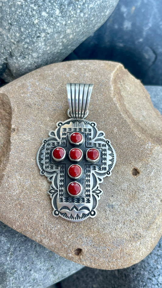 Red Coral Albert Jake Cross Pendant