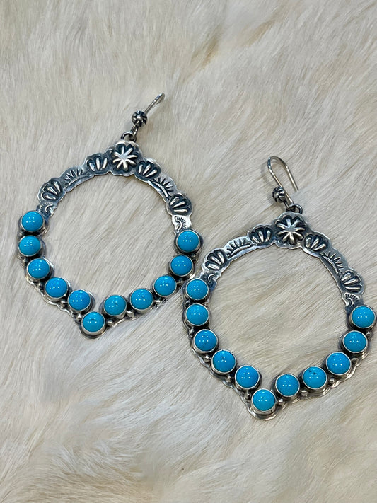 Turquoise Stone Stamped Hoops