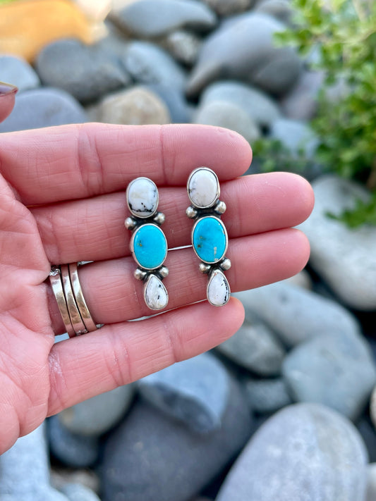 White Buffalo & Turquoise 3 Stone Studs