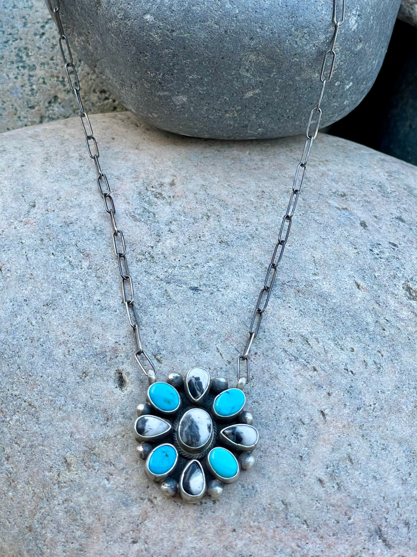White Buffalo & Turquoise Cluster Necklace