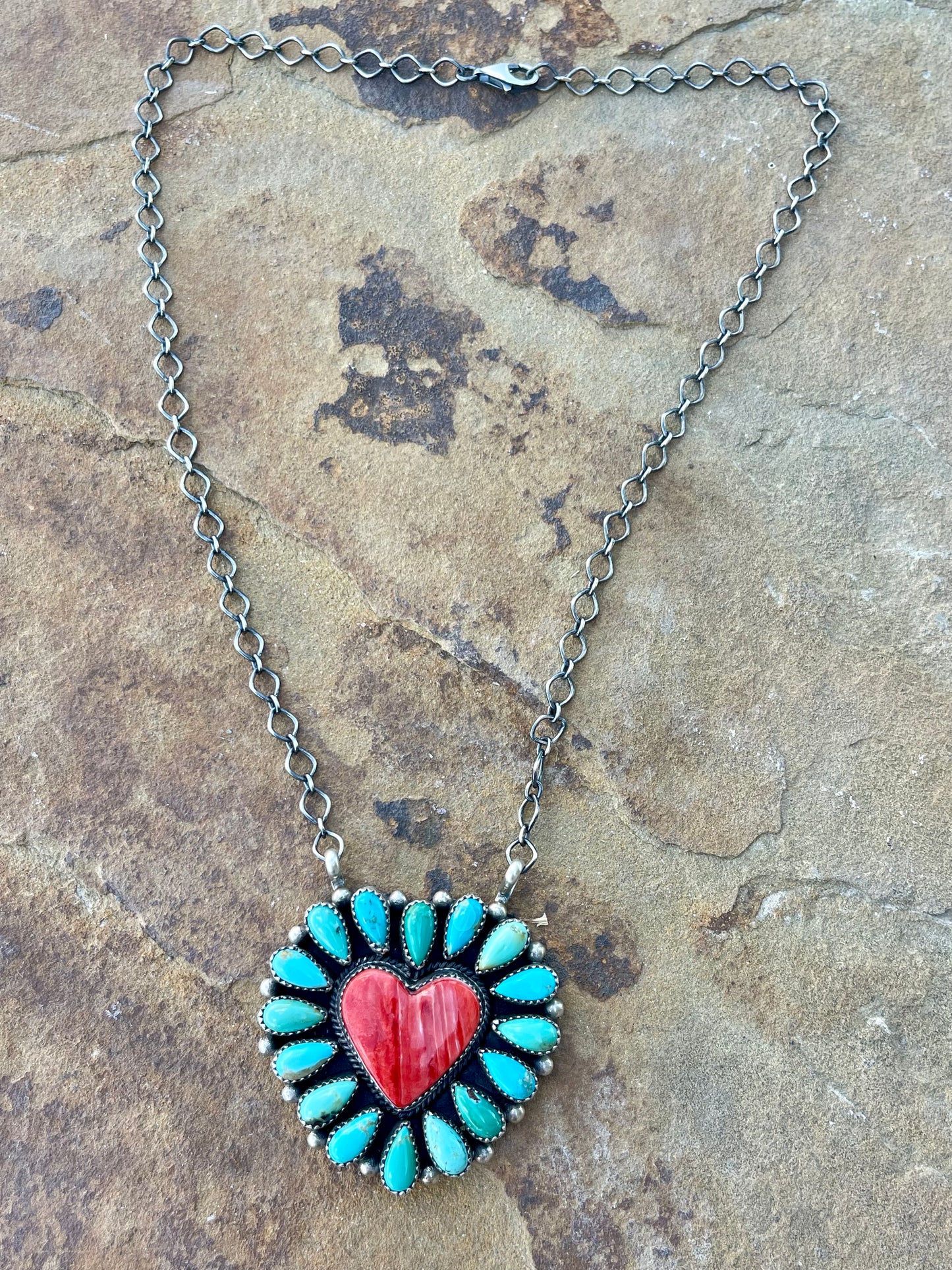 Turquoise & Red Spiny Heart Cluster Necklace