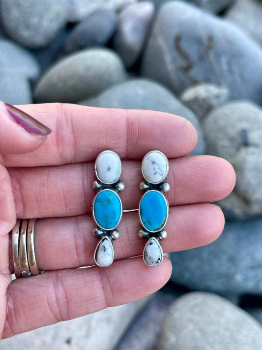 White Buffalo & Turquoise 3 Stone Earrings
