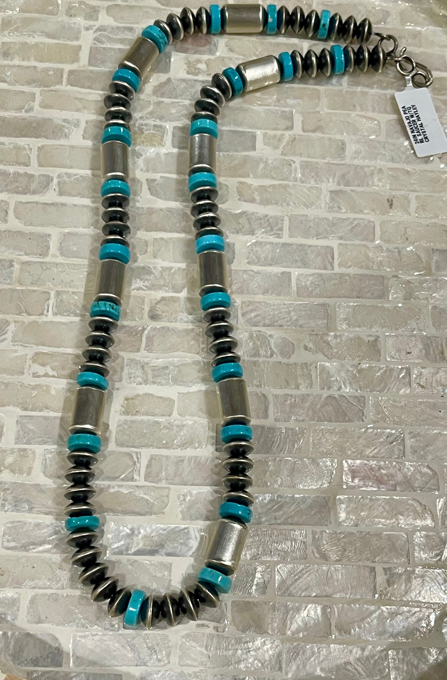 24” Handmade Saucer/Turquoise & Barrel Bead Necklace