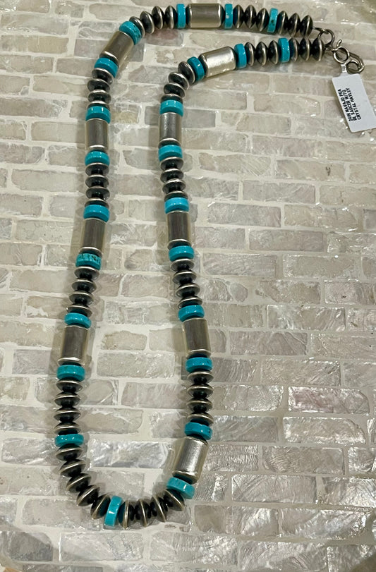 24” Handmade Saucer/Turquoise & Barrel Bead Necklace