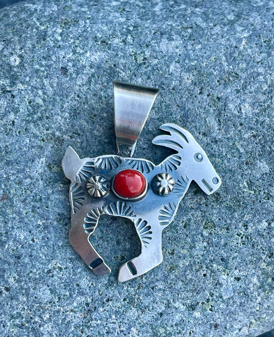 Red Coral Mountain Goat Pendant
