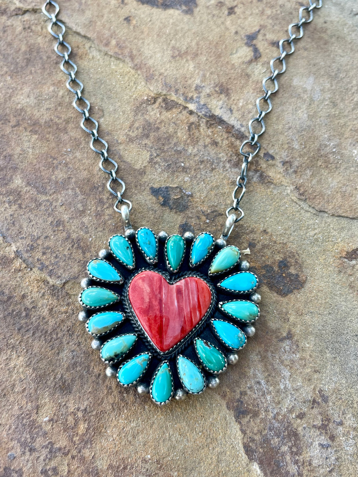 Turquoise & Red Spiny Heart Cluster Necklace