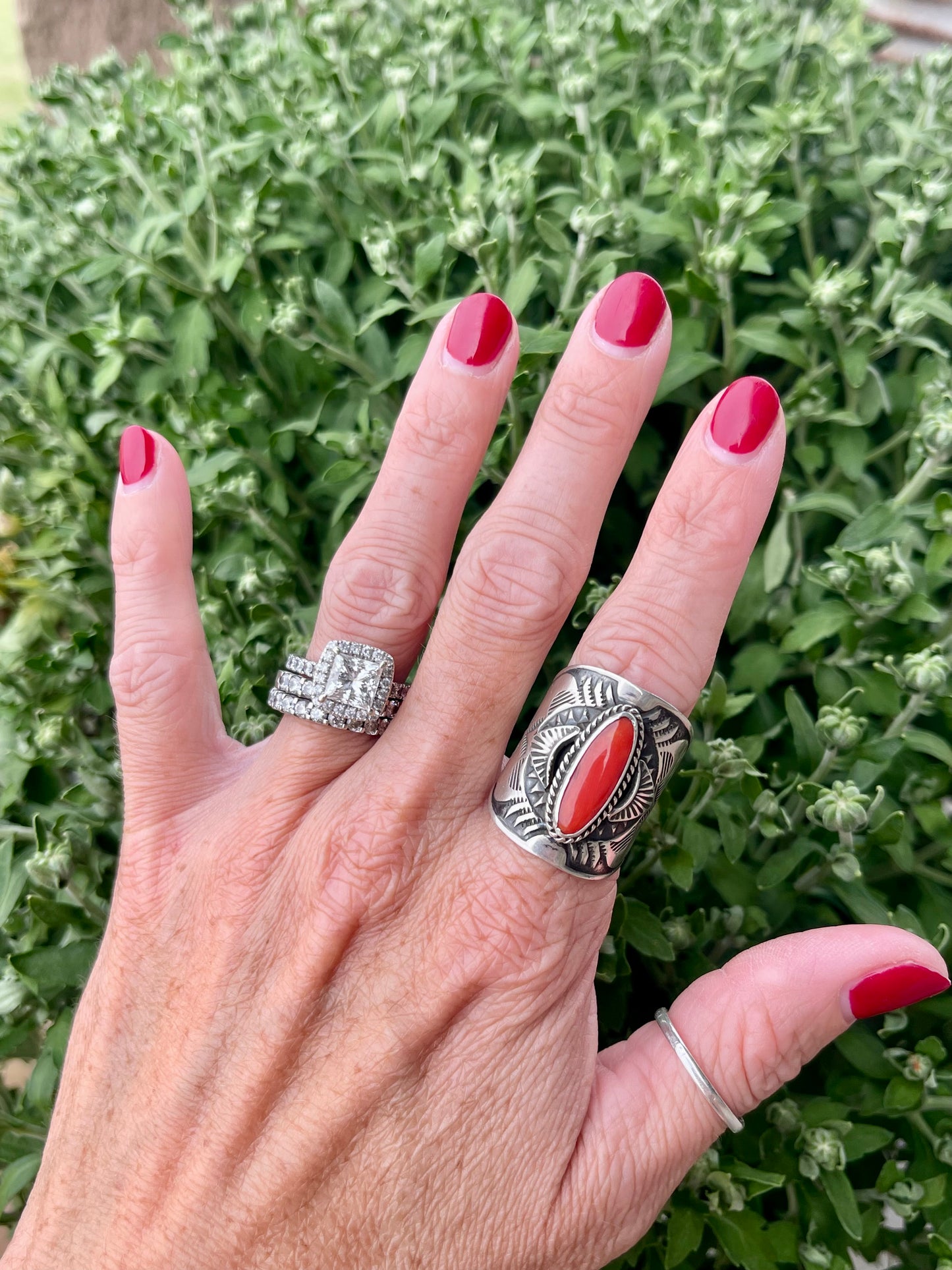 Red Coral Stamped Cigar Band Ring