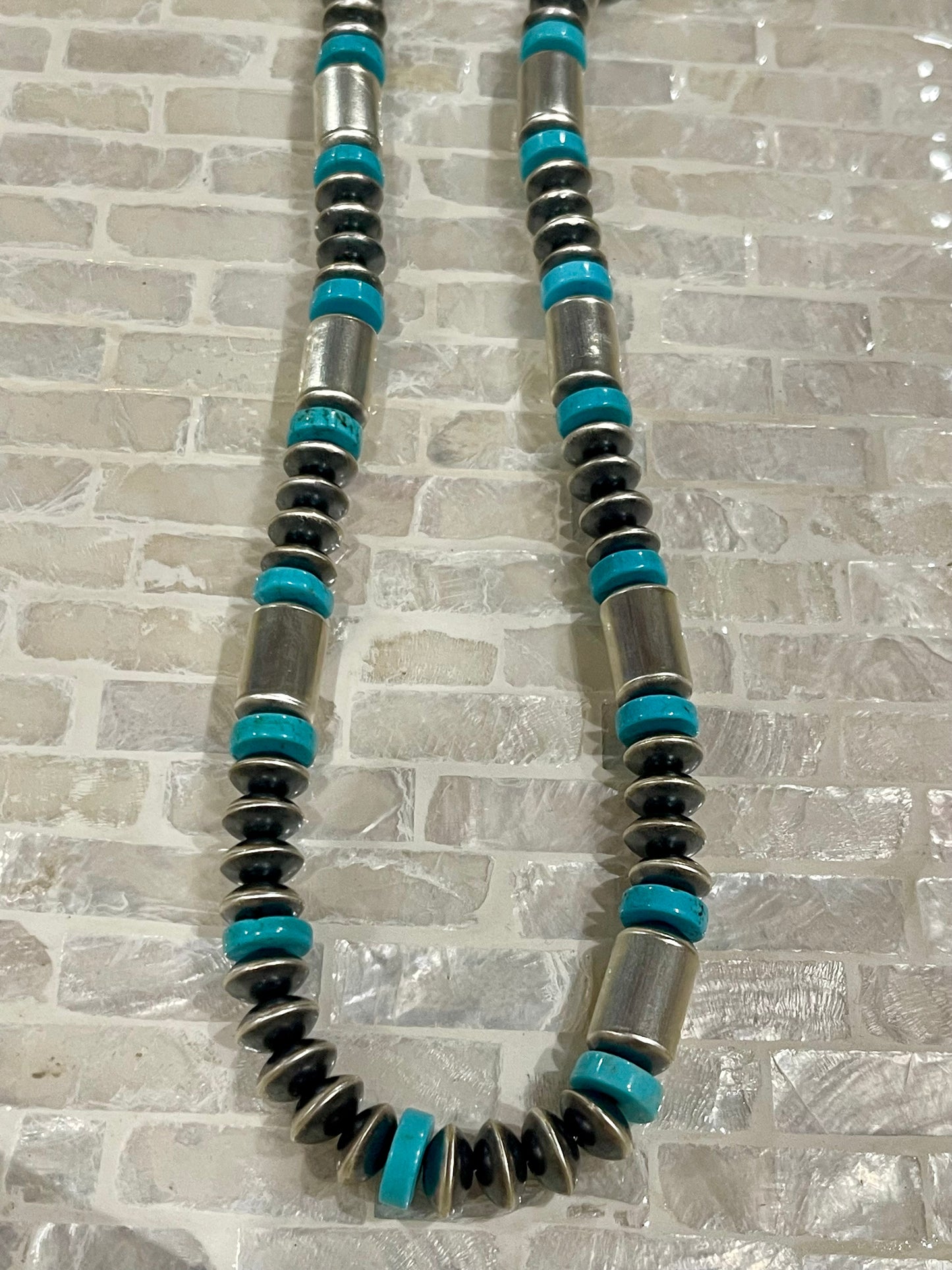 24” Handmade Saucer/Turquoise & Barrel Bead Necklace