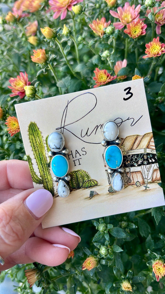 White Buffalo & Turquoise 3 Stone Earrings